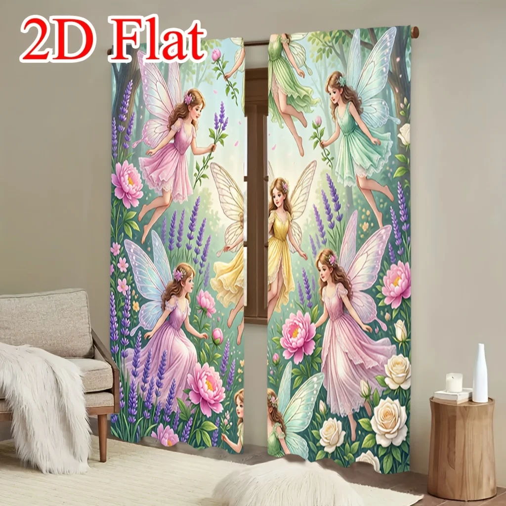 Forest Fairy Curtain Panels, Lovely Wing Fairies Peony Lavender Garden Print Drapes for Apartment Dream‑tone Living Space Decor