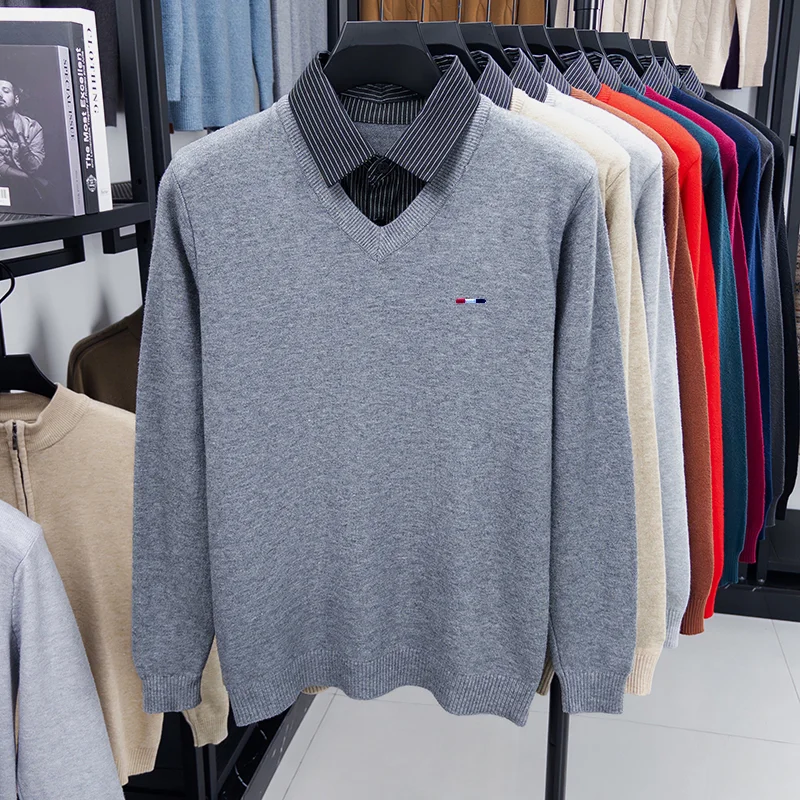 Hochwertiger Herren Falscher Zweiteiler Langarm-Strickpullover Gestreift mit Stickerei Herbst Winter Neuer Pullover Lässige Vielseitige Herrenbekleidung – Detail 14