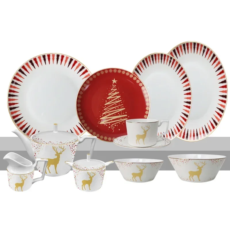 

Christmas high-value bone china bowl plate tableware set, hotel home, bone china steak plate