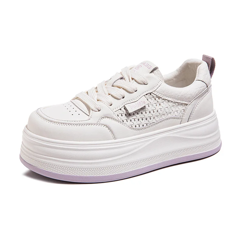 2026 Summer Women White Platform Sneakers Breathable Mesh Chunky Thick Sole Casual Board Shoes Lace-up Height Increasing Sports