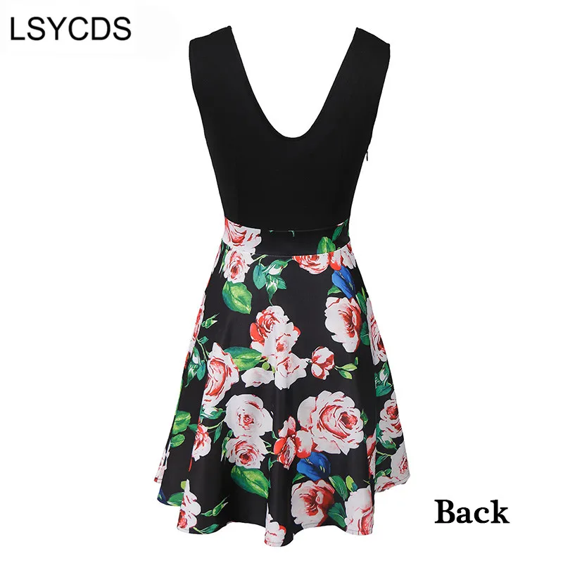 LSYCDS Summer V-Neck Mini Dress Women Elegant Patchwork Sleeveless Retro Vintage Party Dresses