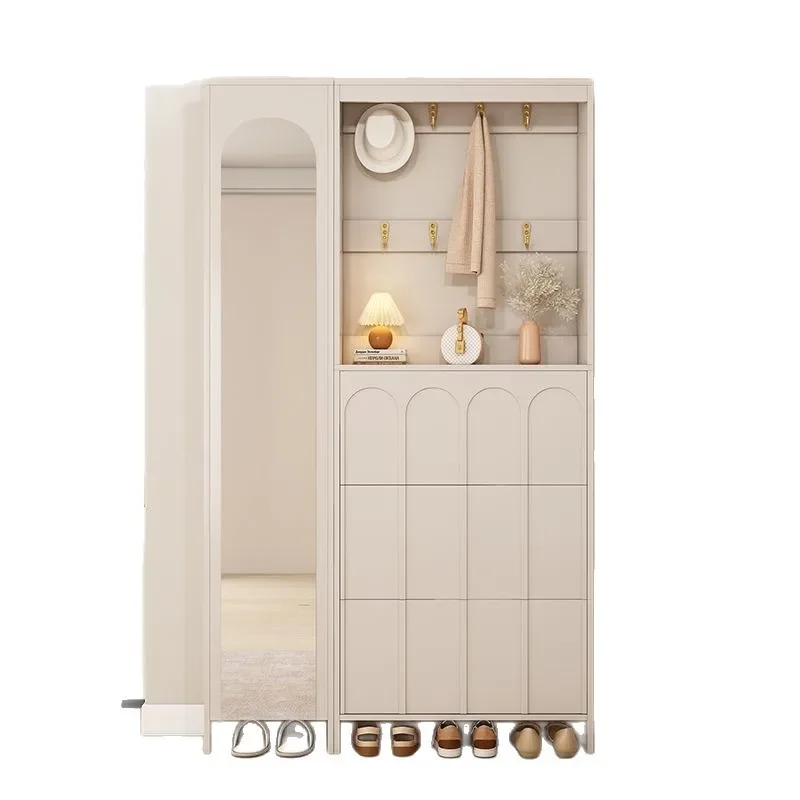 Nordic Cream wind ultra-thin entrance shoe cabinet tipping bucket integrated storage household hanger home full-length mirror