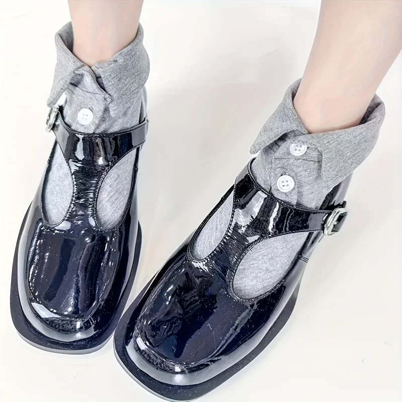 Spring Summer Women'S Socks Unique Design Folded Collar And Button Styled Like Shoes Personalized Striped Ankle Socks
