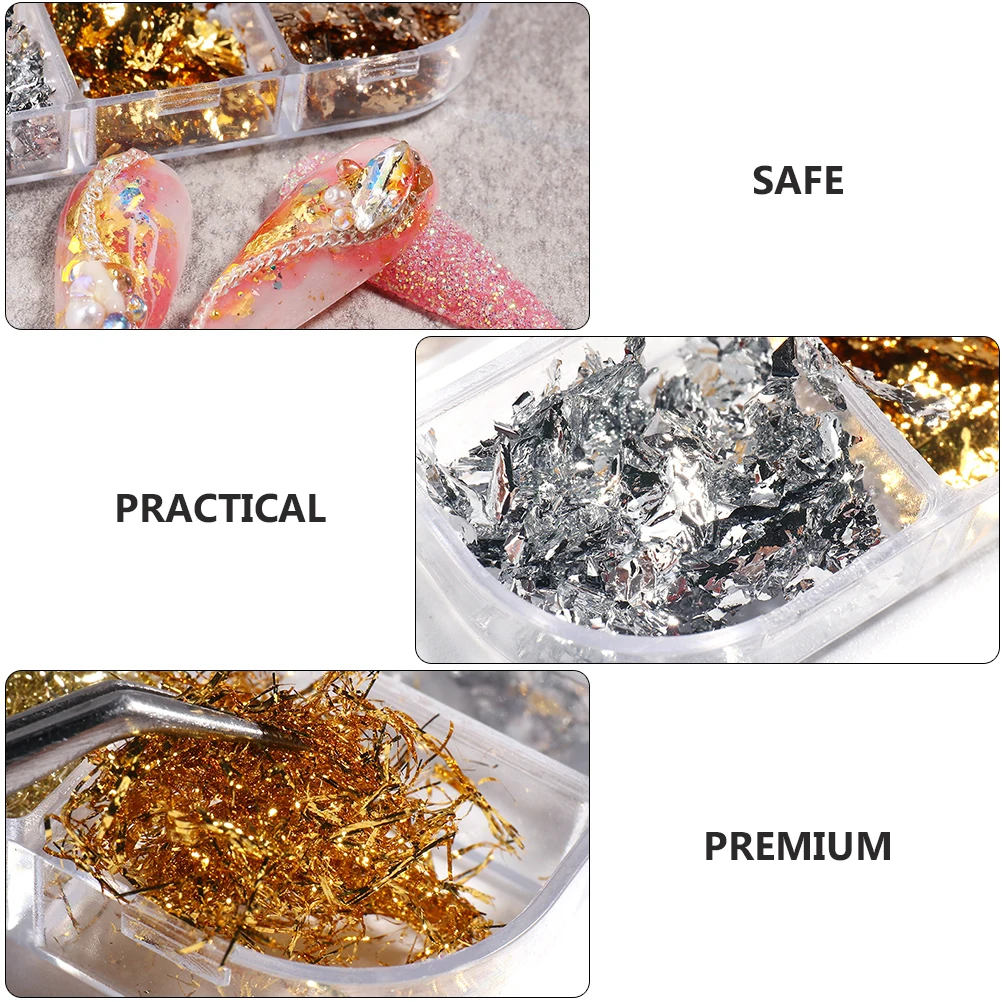 

2 Boxes Gold Silver Foil Flakes Nail Art Stickers Diy Manicure Decor Glitter Sequins Metallic Wraps Handicraft Supplies