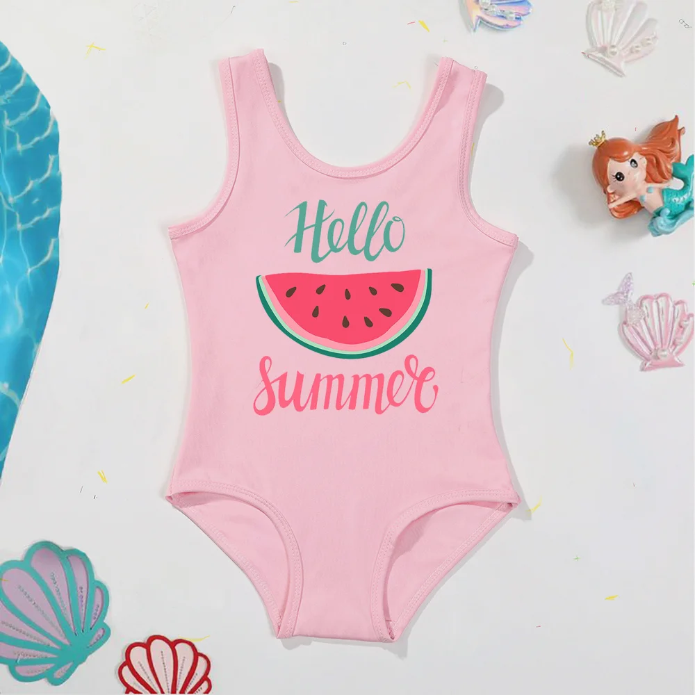 Hello Summer & watermelon Pattern Print Kids Girl costume da bagno One Piece Girls Swimwear Casual Girls Summer Swim Clothing Outfit