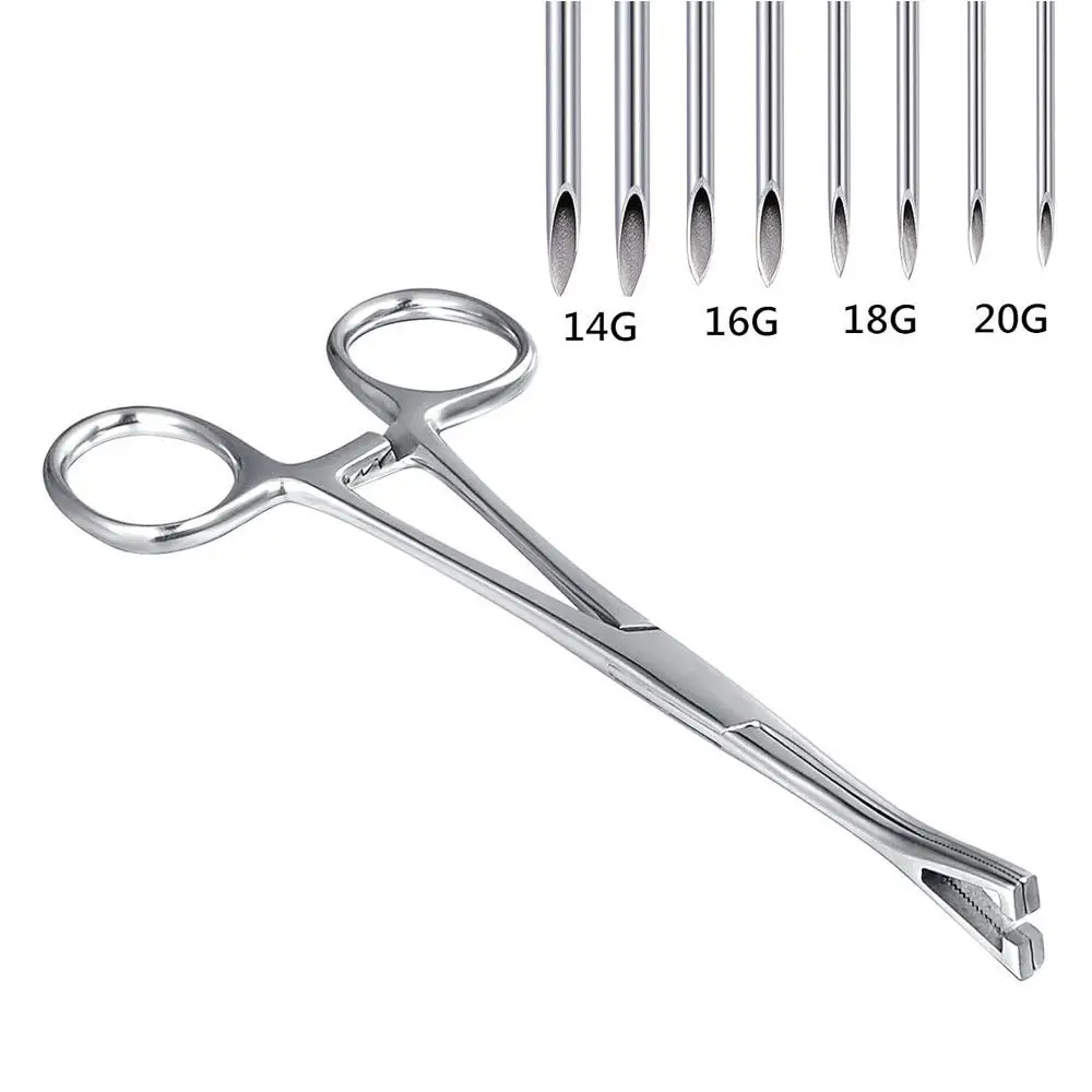 9Pcs Set Triangle Slotted Forceps Piercing Clamps with 14G 16G 18G 20G Needles for Ear Lip Navel Tongue Septum Piercing Jewelry