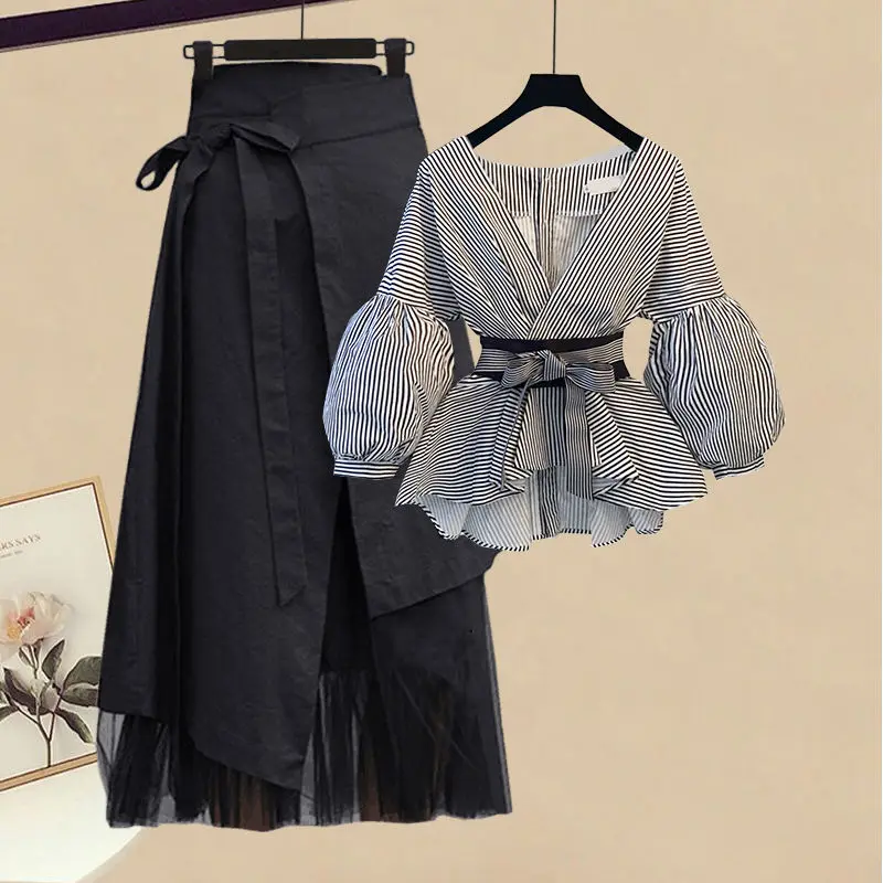 2 Piece Set Skirt and Top 2024 Spring Summer Casual V-neck Loose Top Skirt Sets Korean Fashion Women's Clothing