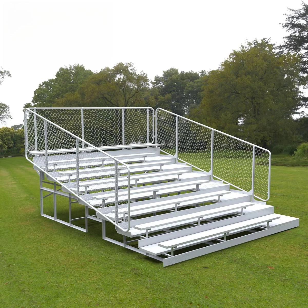 8 rows of 15-foot-long stands with aluminum frames and vertical picket guardrails