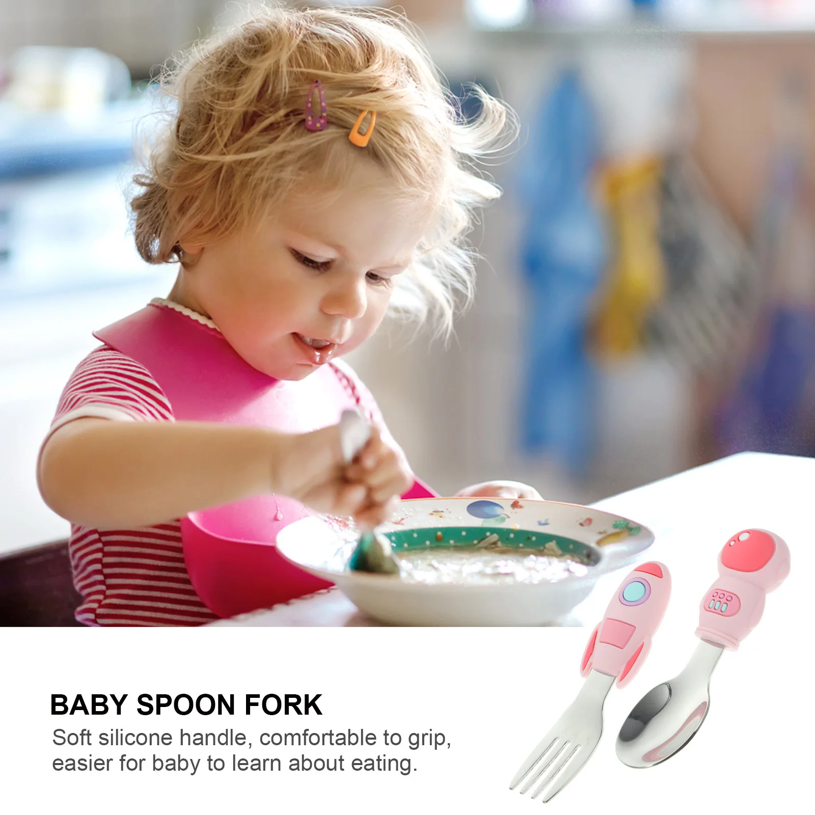 

1Set Baby Self Feeding Utensils Training Fork Spoon Silicone Handle Stainless Steel Toddler Eating Tools Toddler Utensils