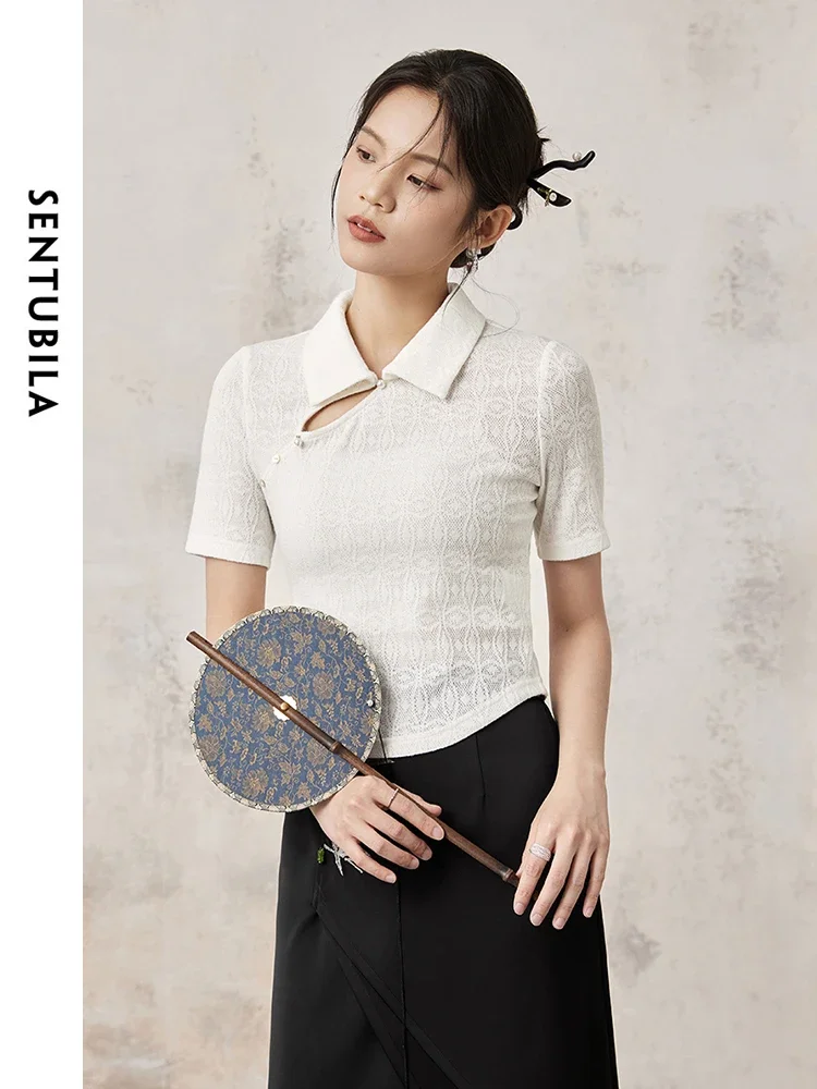SENTUBILA White Hollow Round Neck Lace Tops For Woman 2025 Summer Chinese Style Polo Collar Split Short Sleeve Blouse 141S53964