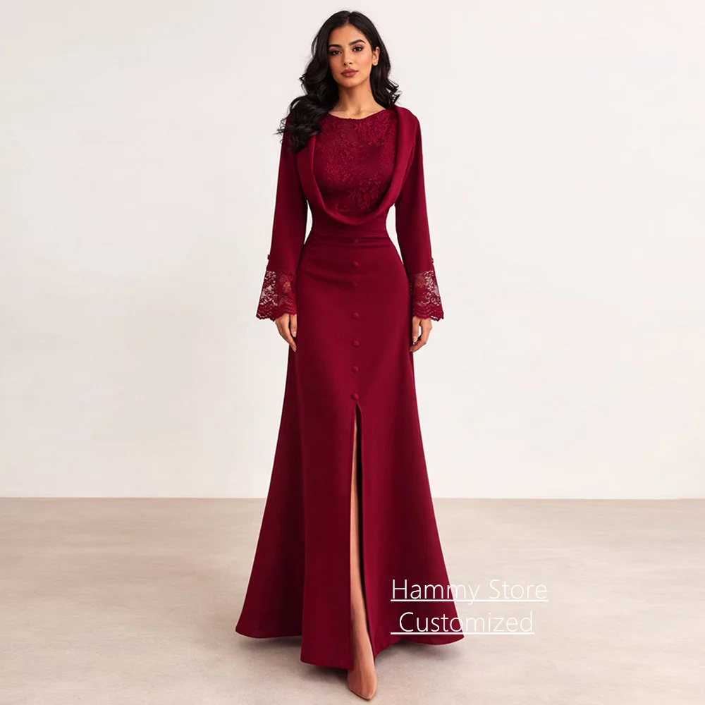 

Mermaid Evening Dress Customized Scoop Neck Long Sleeves Lace Applique Front Slit Buttons Arabian Party Gown Prom Dresses