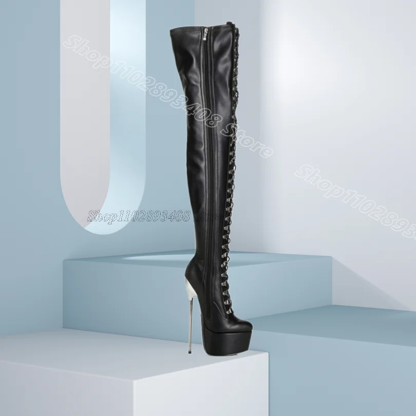 Black Cross Band Platform Boots Leather Side Zipper Spring Solid Fashion Women Party Over Knee Boots 2025 Zapatos Para Mujere
