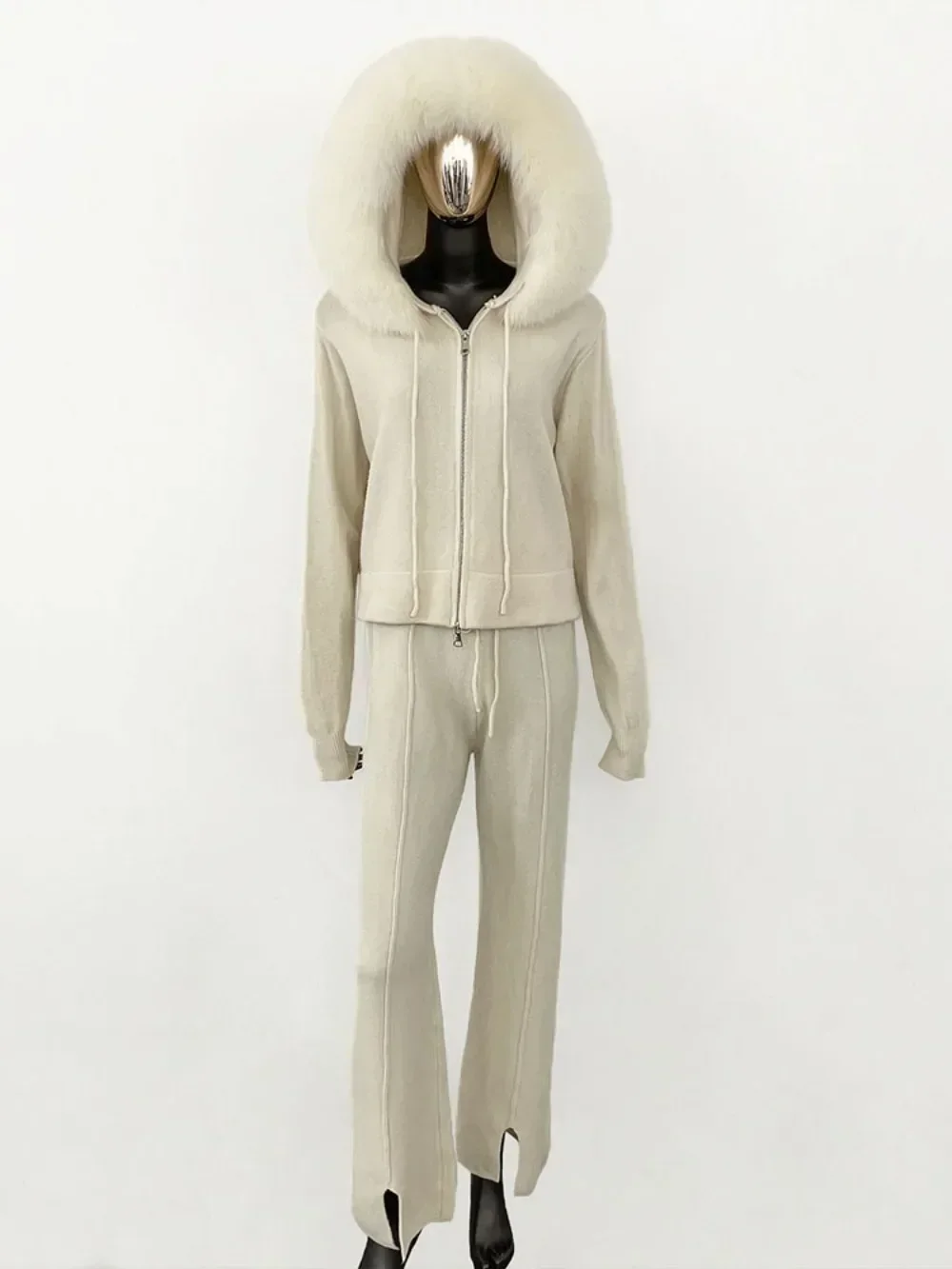 니트웨어 2024 가을, 겨울 유행 스웨터 정장 여성 바지 분리형 여우 모피 칼라 모피 코트와 후드 자켓