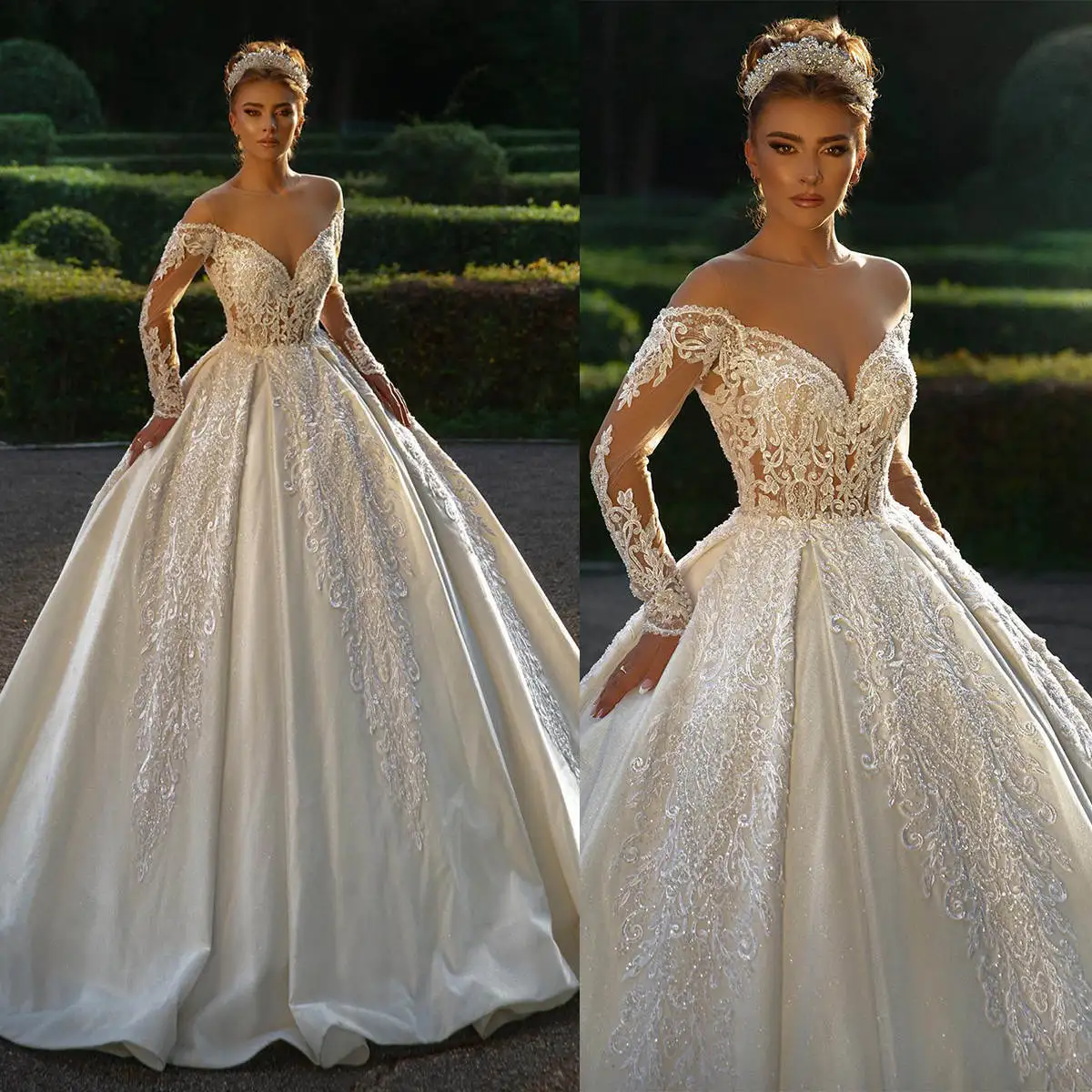 

Gorgeous Wedding Dress For Women Sheer Neck Long Sleeves Bridal Gown Lace Appliques Sweep Train Dresses Custom Made