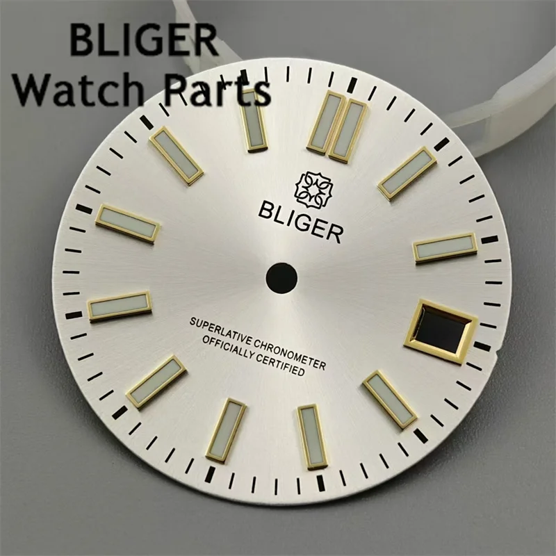 BLIGER-Mostrador do relógio branco com índice de ouro ou prata, C3 luminoso verde, Fit NH35 NH36 Movimento, 3.0 Relógio Coroa, 3.8, 29mm