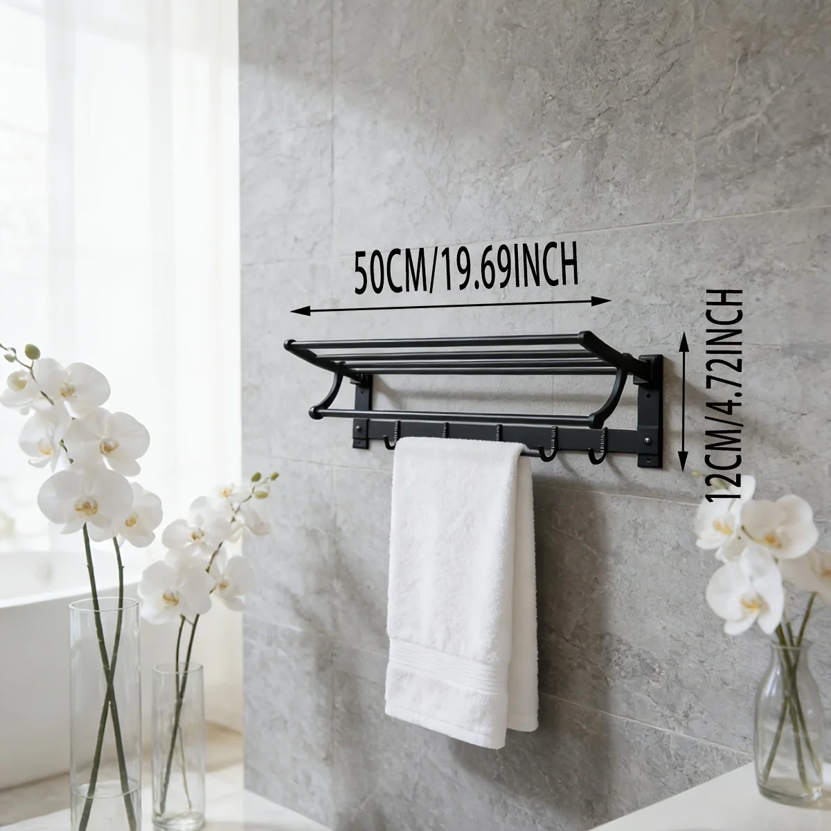 Modern Matte Grey Wall Mount Towel Holder, Foldable Towel Rack with Storage Shelf & Multiple Hooks, Heavy‑Duty Organizer for Bat