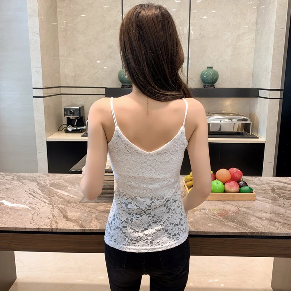 S-XL Stretch Tops Hollow Sheer Solid Lace Camis Tops For Women Floral Lace Mesh Camisoles Spaghetti Strap Vest Female Shirt