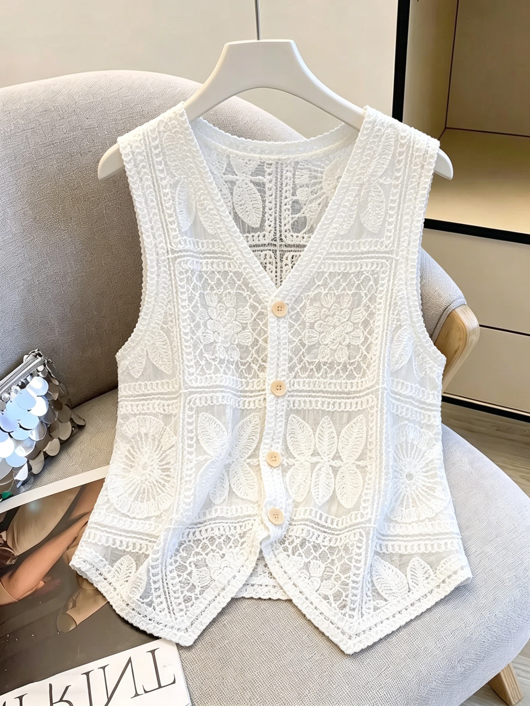 Bohemian Style Hook Embroidery Hollow out Vest Women's plus Size Summer Unique Layering Shoulder Top City Commute Casual Wear
