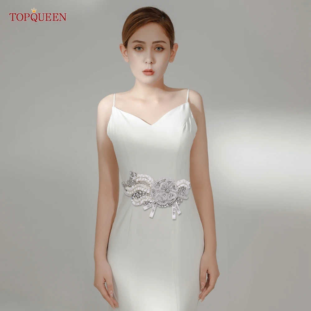 TOPQUEEN S61 Creative Rhinestone Women'S Luxury Brand Belt Handmade Pearl Crystal Ivory Ribbon Fancy Sash Bridal Wedding Accesso