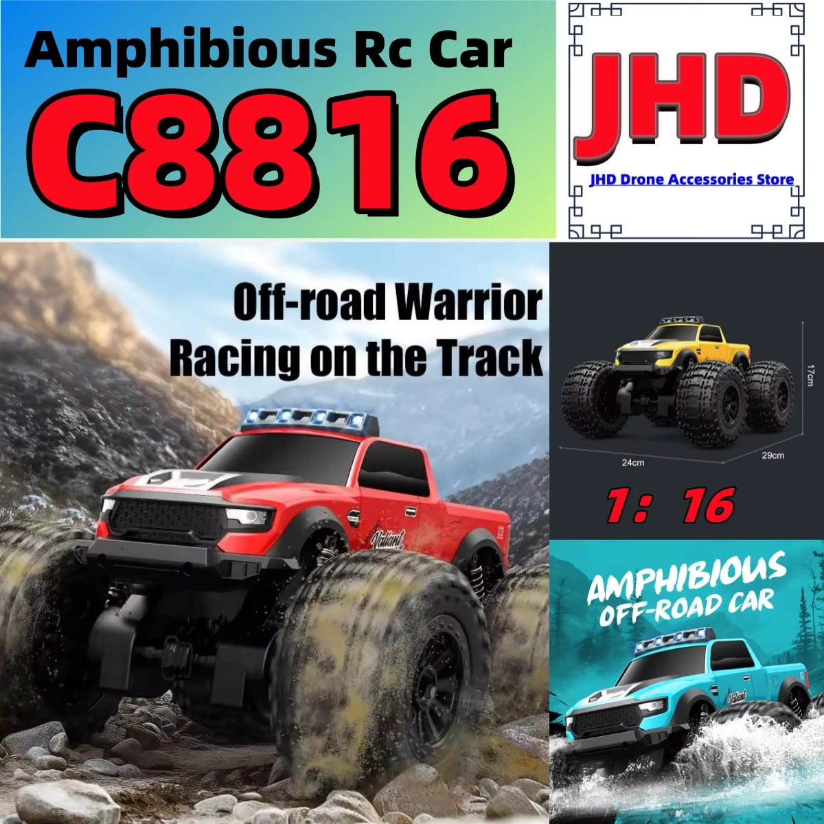 JHD C8816 1:16 RC Amphibious Car 2.4G 50M Off-road For Water Grassland Dirt Mountain JJRC C8816 Waterproof Full Scale Racing