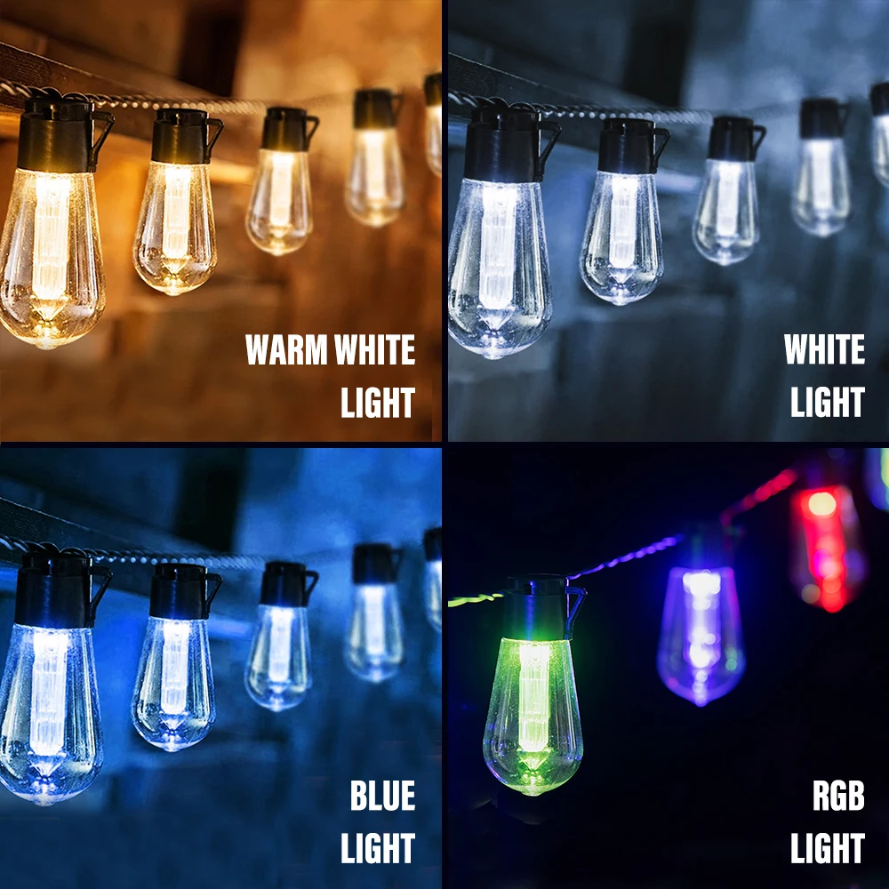 Guirnalda de luces LED solares para exteriores, bombillas de decoración navideña impermeables IP65, corona de vacaciones retro, muebles de jardín,