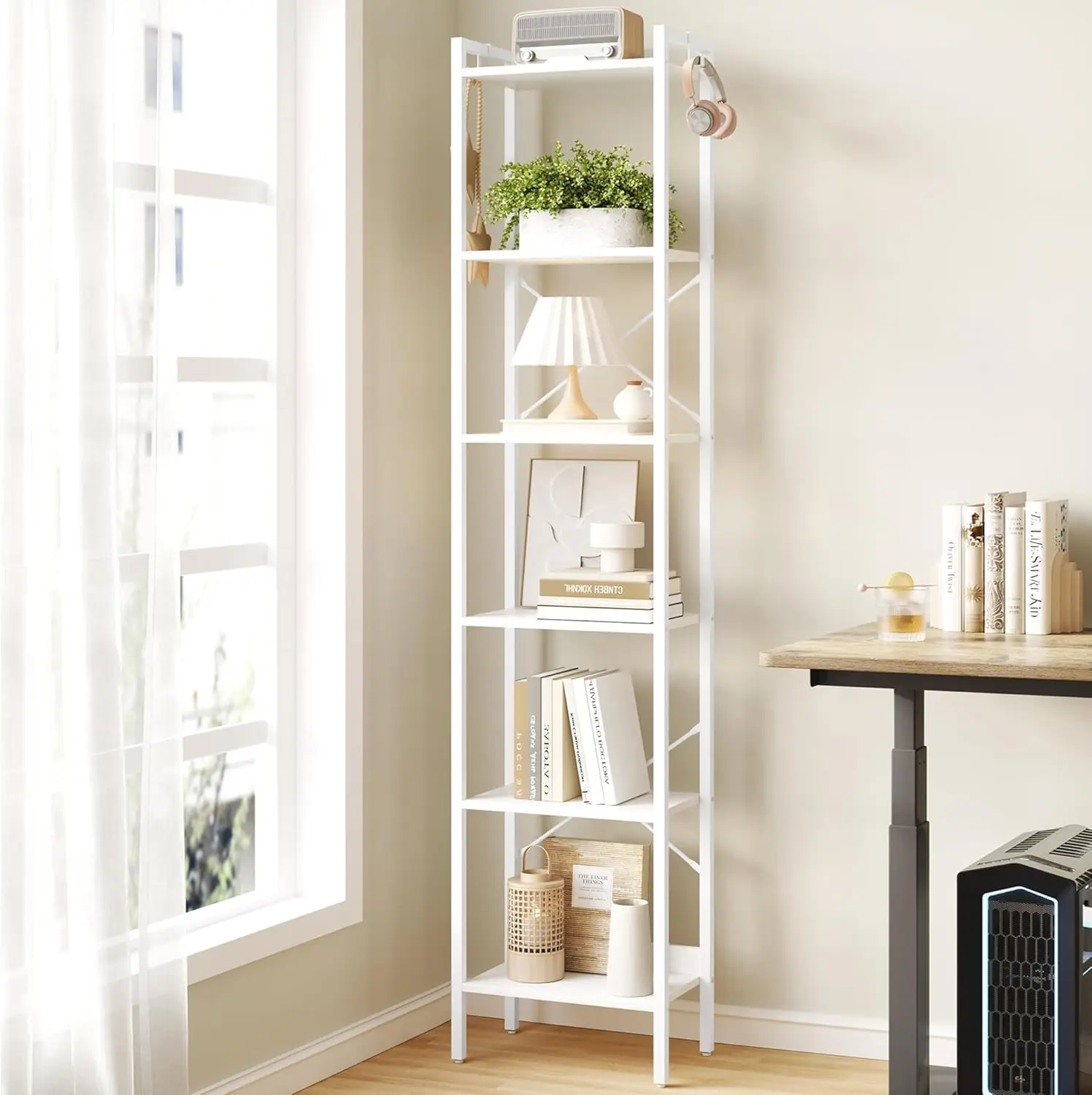 

Книжная полка, книжная полка, промышленный книжный шкаф с 2 крючками, органайзер для хранения полки Coner для домашнего офиса, гостиной, спальни