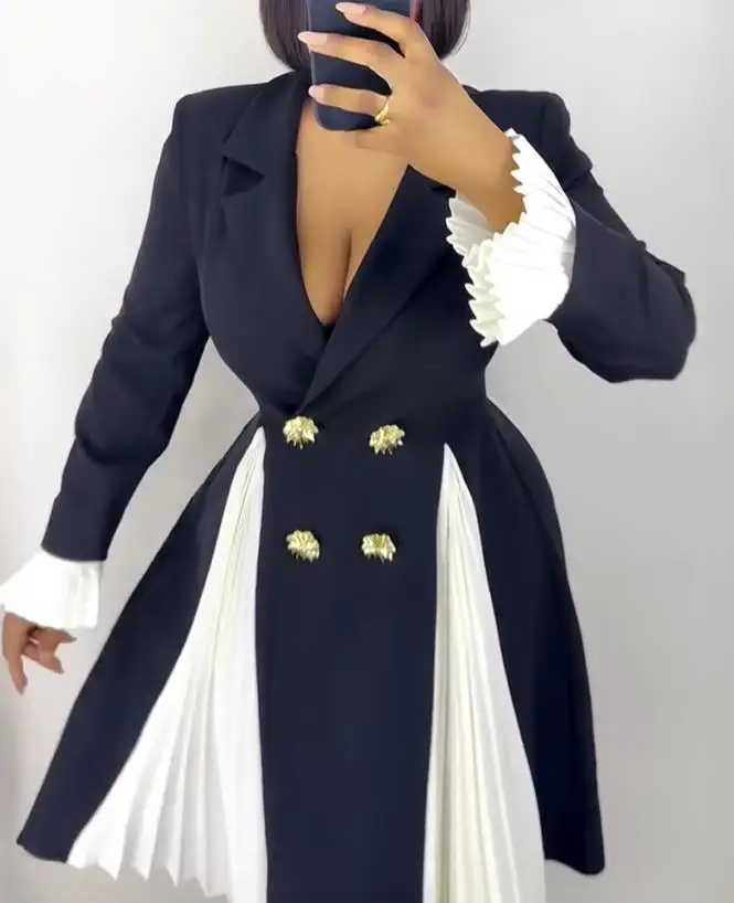 Colorblock – robe Blazer plissée à col cranté, manchette évasée, Double boutonnage, élégante, taille cintrée, ourlet évasé, pour les déplacements