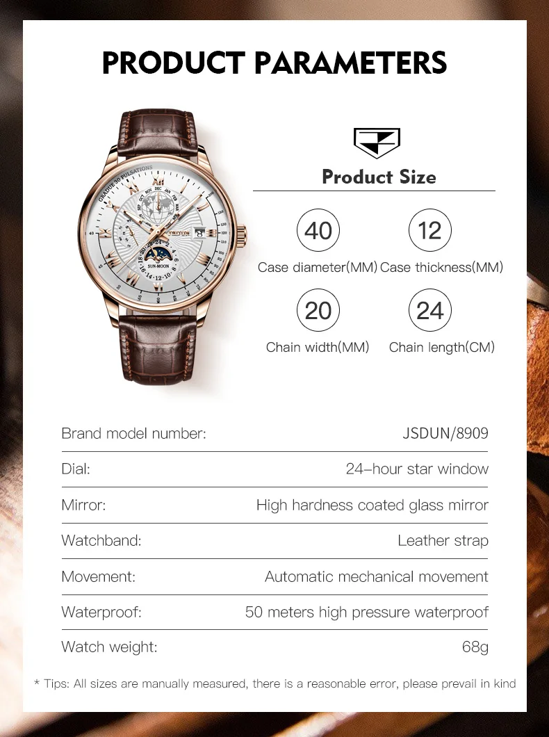 JSDUN Best Selling Leather Watches for Men High Quality Waterproof Automatic Mechanical Wrist Watch Men Casual Fashion Men Watch