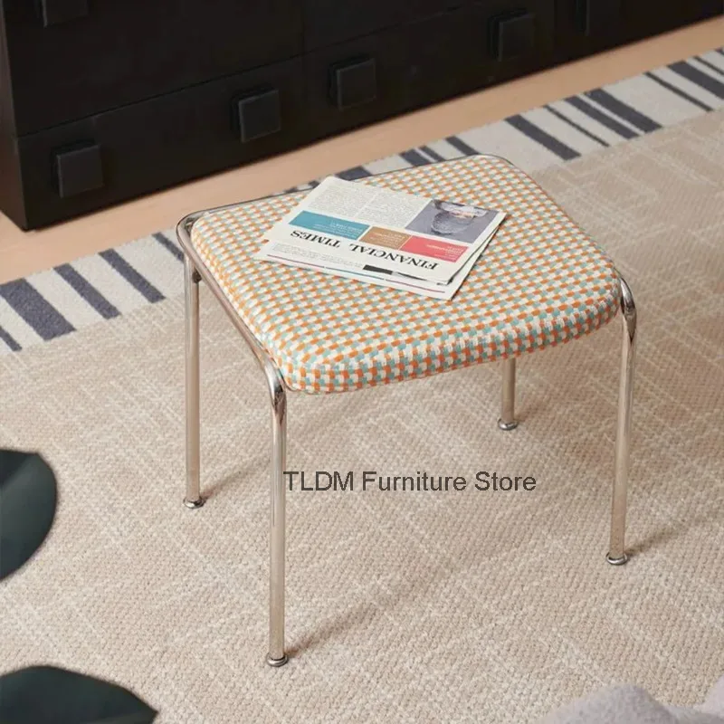 Footrest Checkered Upholstered Padded Cushion Stool, Curved for Metal Tube Bench Frame Square Vanity Living Room Entryway Use