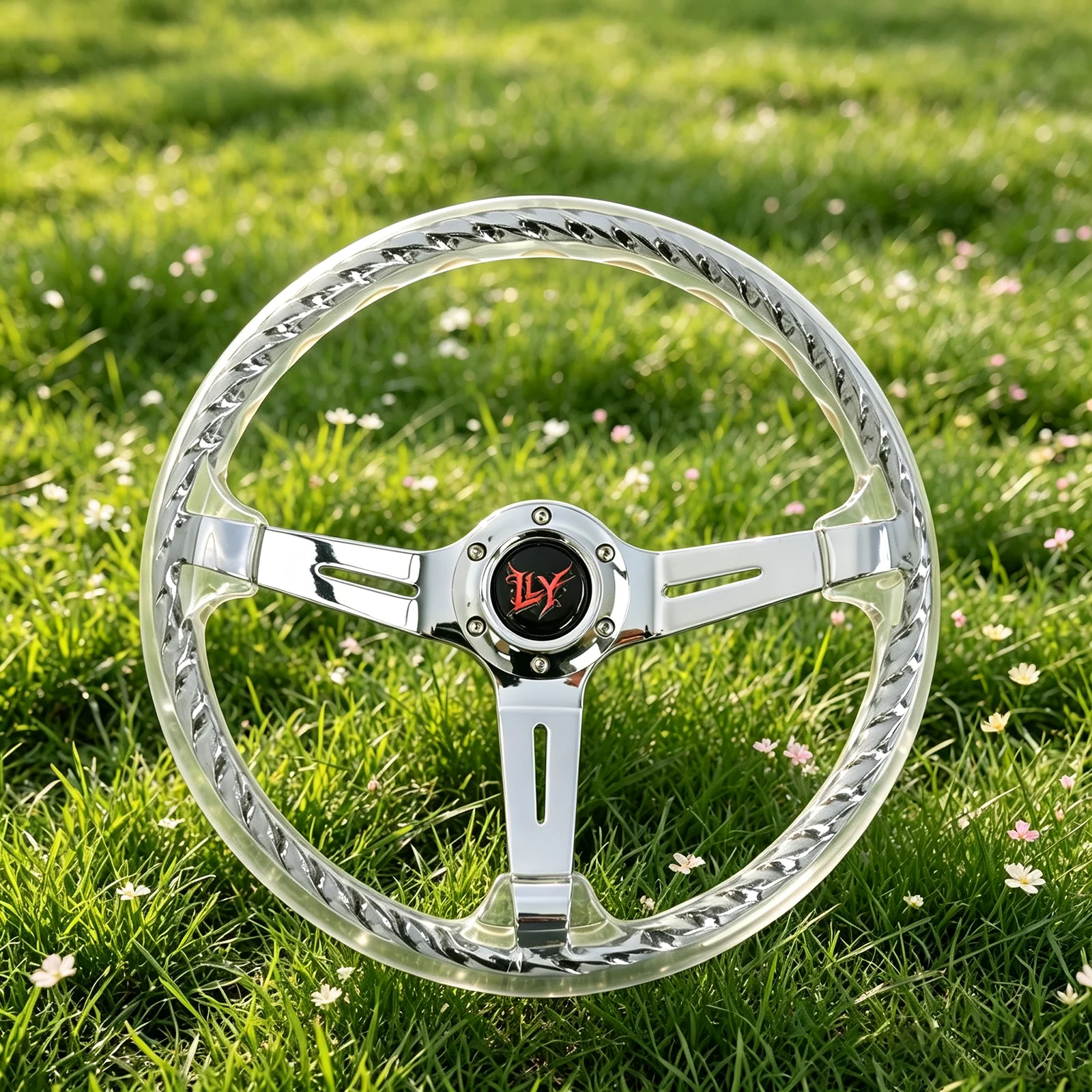 LY Acrylic Chain Twist Reinforced Steering Wheel 350mm Deep Dish Chrome Clear Acrylic Steering Wheel Volante