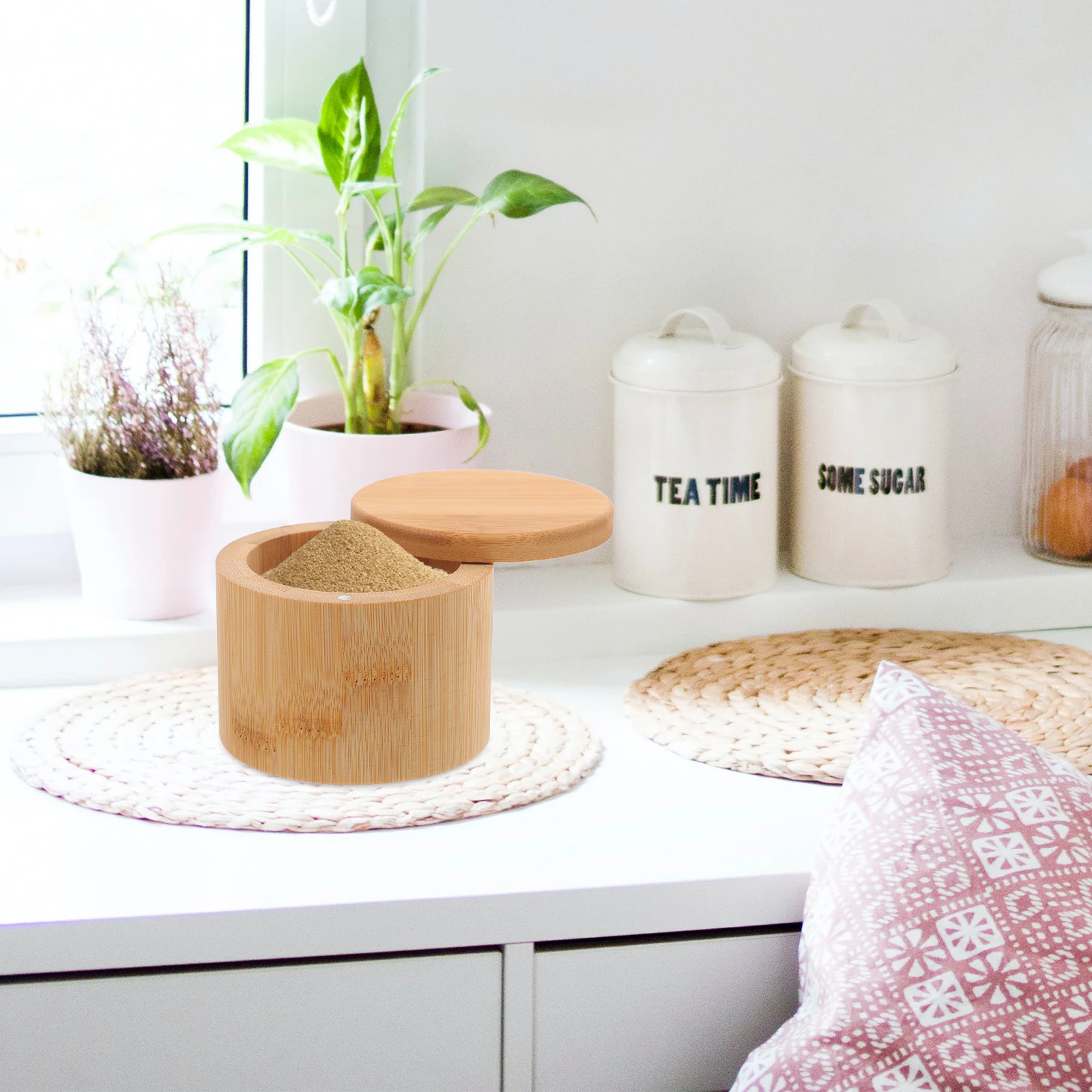 

Chic Bamboo Canister for Spice Seasoning Kitchen Pepper Salt Holder Round Multi-Function Storage Box Safe Condiment