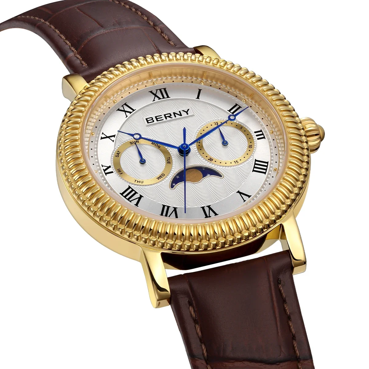 Relojes BERNY para hombre, marca de vestir de lujo, reloj de pulsera de cuarzo dorado con lunas reales para hombre, calendario de zafiro S/S, reloj