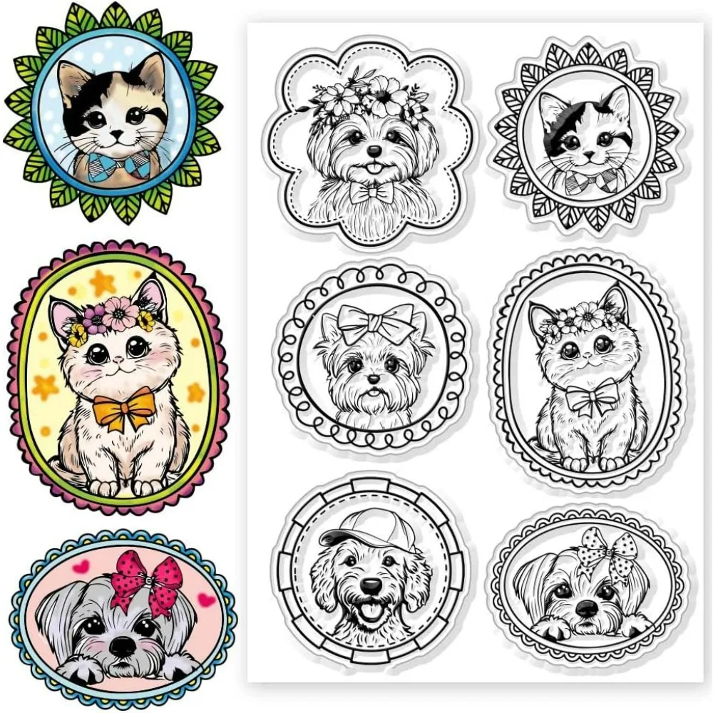 Animals Clear Stamps Cute Dogs Cats Border Background Transparent Silicone Stamps for Card Making DIY Scrapbooking Photo Album