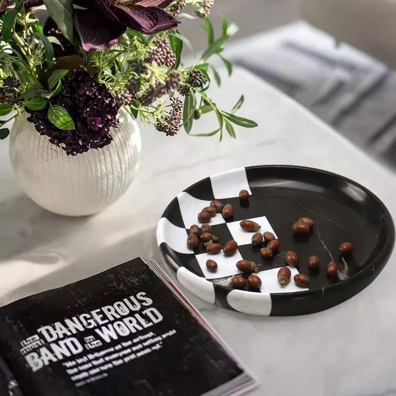 Light Luxury Round Marble Fruit Plate Black White Spliced Decorative Tray, Living Room Home Hotel Sample Room Tabletop Ornament