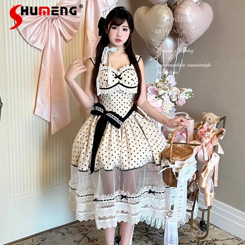 

French Style Gentle Romantic Retro Ladies Elegant Temperament Polka Dot Thin Dress For Women's Clothes Chic Short Sweet Vestidos