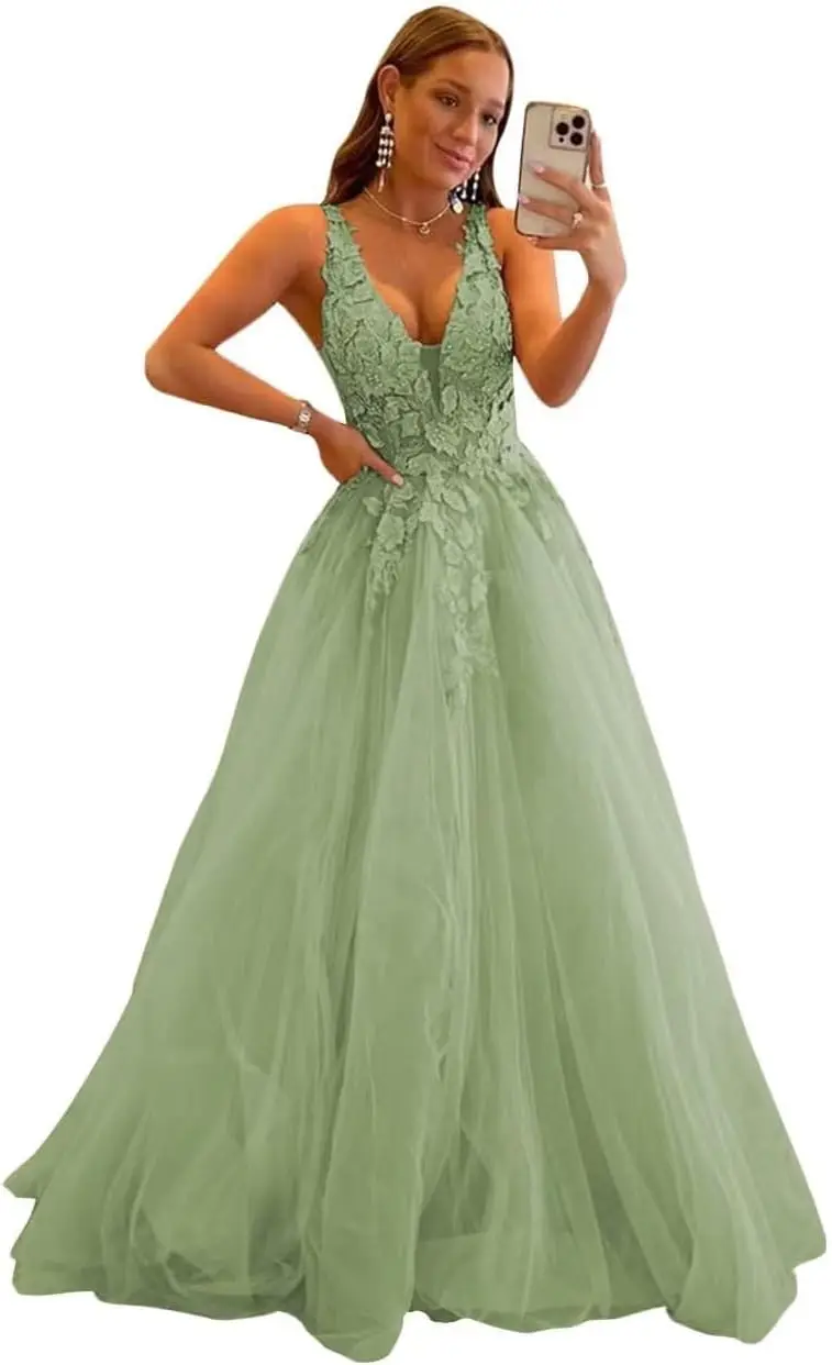 ชุดราตรีคอวีผ้าทูลล์ทรงบอลกาวน์ยาวประดับดอกไม้ 3 มิติ ชุดราตรีงานเลี้ยงอย่างเป็นทางการ