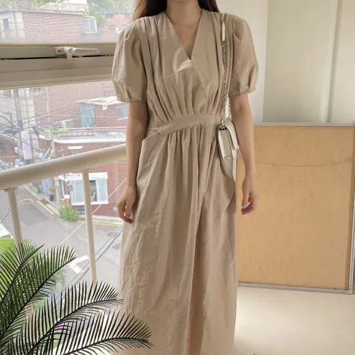 Chic Summer Vintage V-Ne Bubble Sve Long Skirt Dr Women's Slimming Pure Color Chiffon Dr Ci Commute Sle