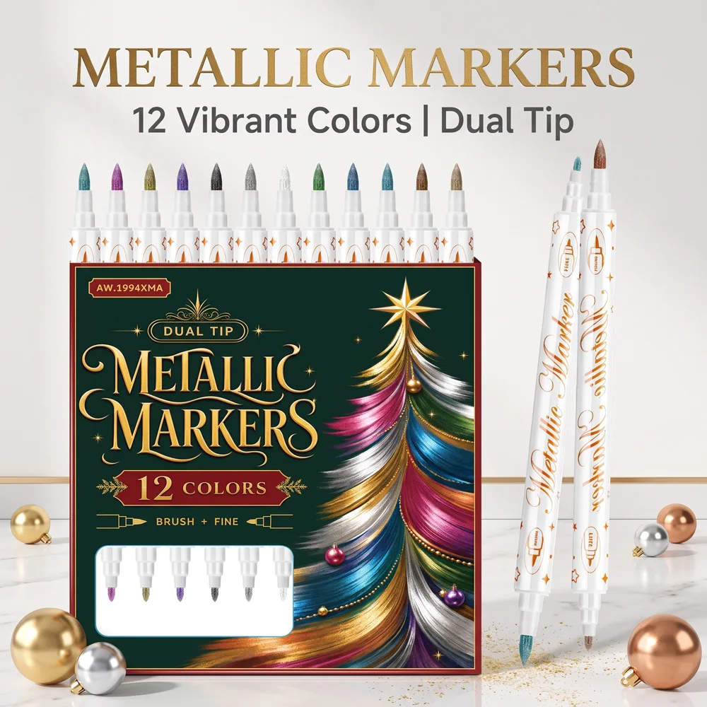 12 Colors Dual Tip Metallic Acrylic Markers Christmas Gift Set for Card Making Hand Lettering Art Craft Supplies