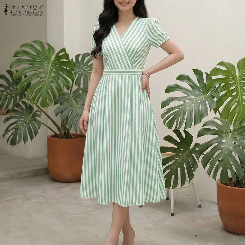 2026 Summer Striped Dress ZANZEA Elegant Women V Neck Short Sleeve Work Dresses Stylish A Line Lace-Up Holiday Midi Sundress