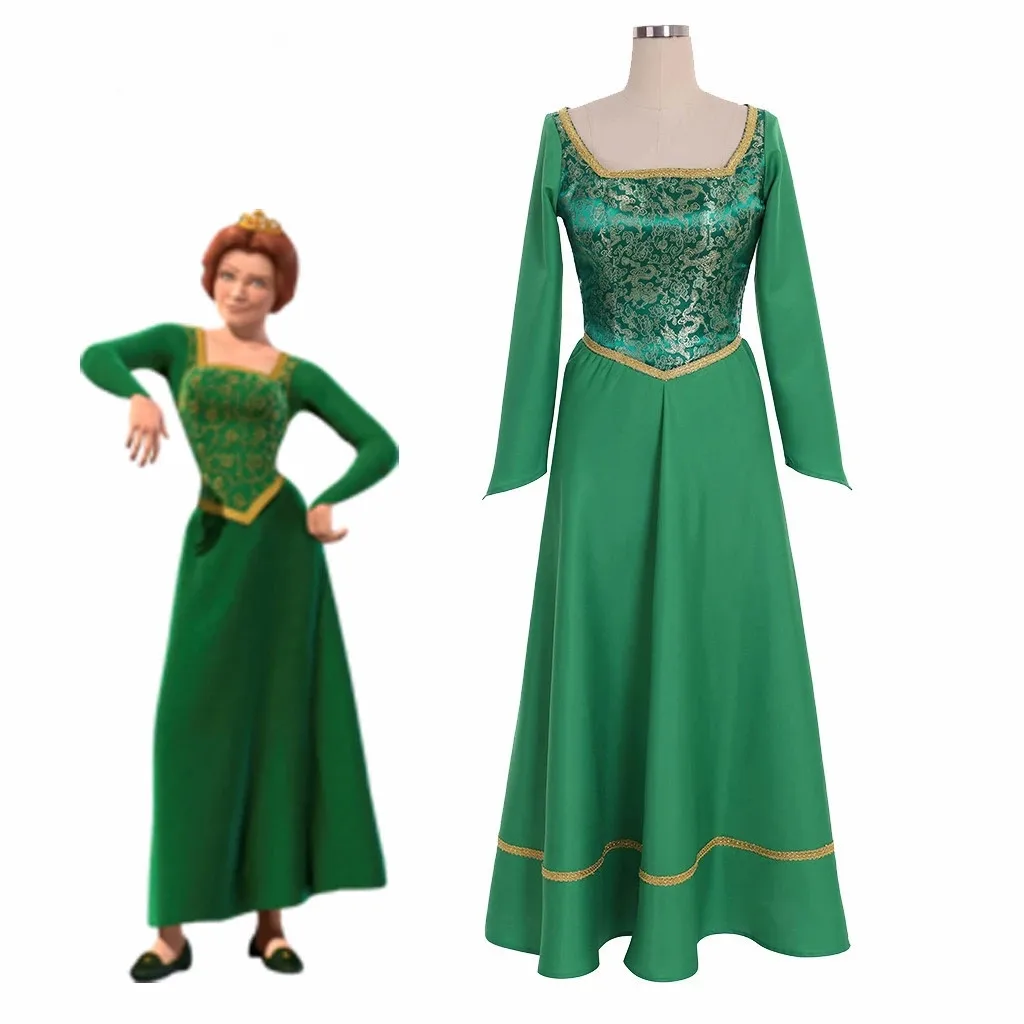 Shrek Cosplay Costumes Princess Fiona Printing Dress Women Sexy Square Neck Velvet Long Sleeve Dress Halloween Cosplay Costume