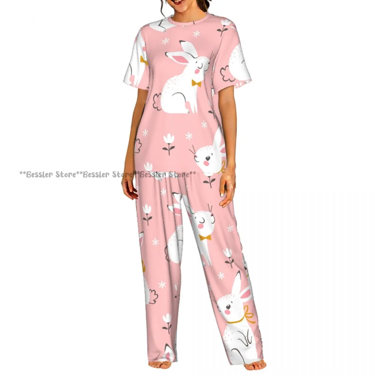 

Женская комфортная пижама с милыми белыми кроликами на розовом цветочном принте, комплект с короткими рукавами, одежда для сна
