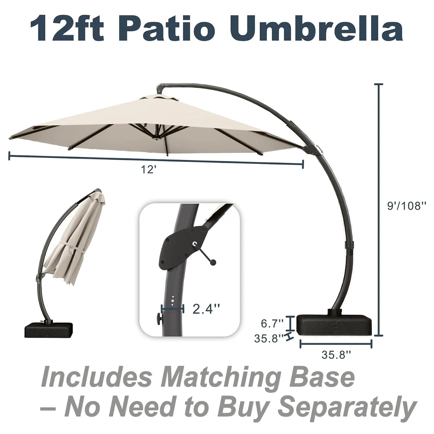 12FT Cantilever Umbrella with Base Large Curvy Outdoor Aluminum Offset Umbrella w/ 360° Rotation, UV Resistant Canopy, Custom