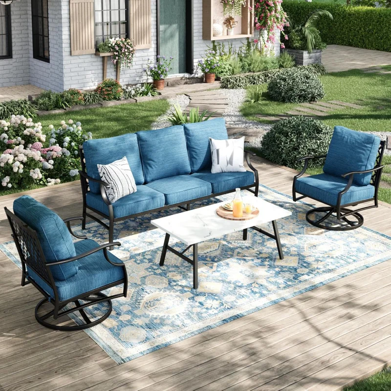 

4-Piece Metal Patio Furniture Set, 3-Sofa with 2 Swivel Chairs & Coffee Table, 5.75 Thick Cushion Conversation Set