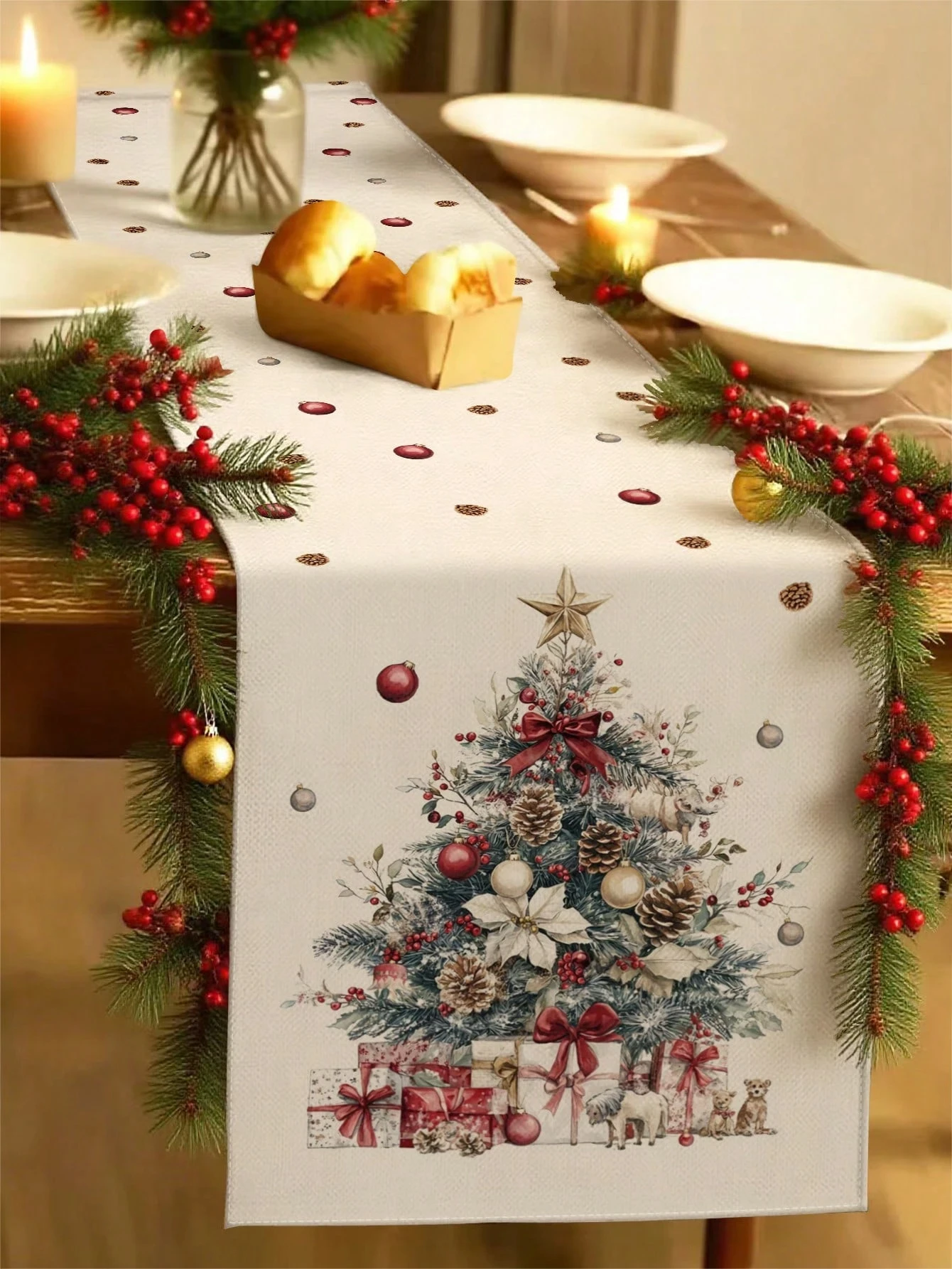 Christmas Tree Table Runner Vintage Gift Pinecone Pattern Decorative Table Linen For Dining Table Christmas Party Decor Festive
