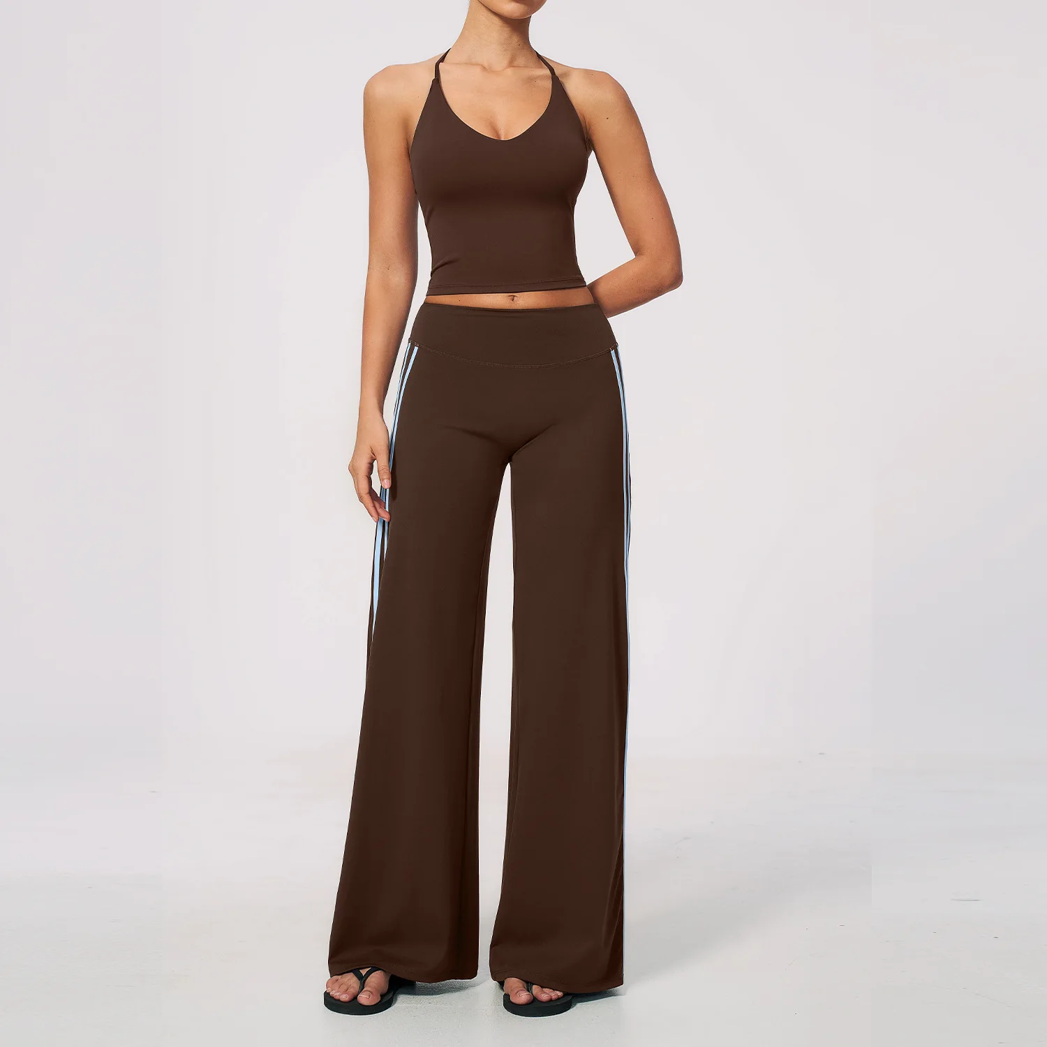 Women 2‑Piece Yoga Workout Set T‑Back Sports Crop Tank Top High Waist Side Striped Wide Leg Pants Gym Pilates Fitness Sports Set