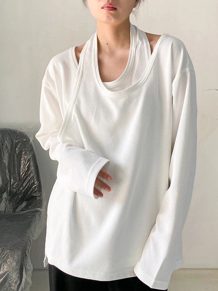 [EAM] Women White Irregular False Two Big Size Casual T-shirt New Round Neck Long Sleeve Fashion Tide Spring Autumn 2024 1DF8508