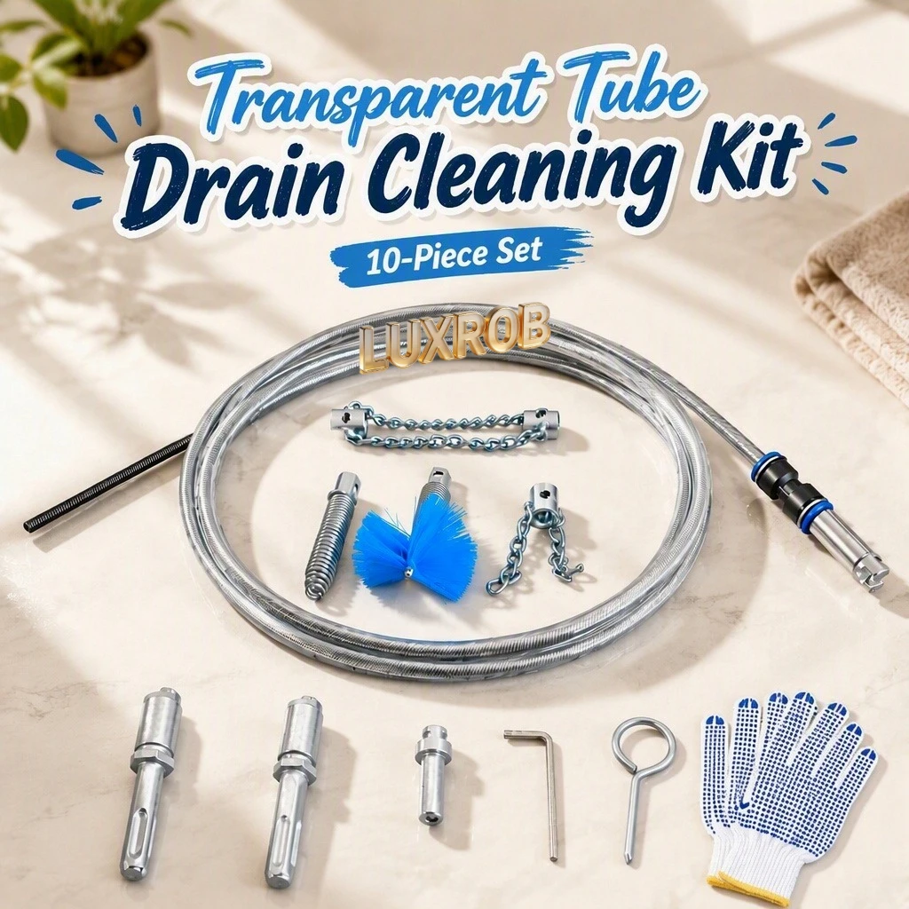 Drain Snake Auger 10Pcs Drain Cleaning Kit,65# Mn‑Steel 6mm Spring 10mm PU Transparent Hose Drill Attachment Sewer Unclog Tool