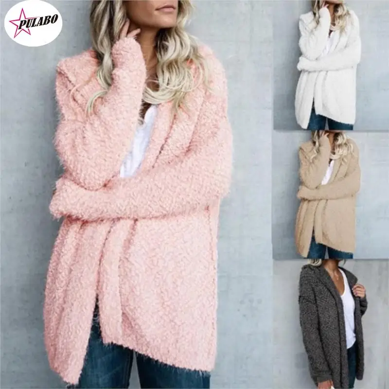 PULABO Size S-5XL Women Loose Solid Color Hooded Cardigan Long Sleeve Open Front Knitted Outwear Loose Warm Hooded Open Stitch