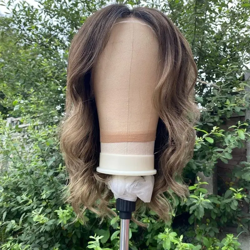 

Новый короткий волнистый боб с омбре, темно-коричневый синтетический HD парик спереди, балаяж, женский парик, предварительно выщипанный парик длиной до плеч