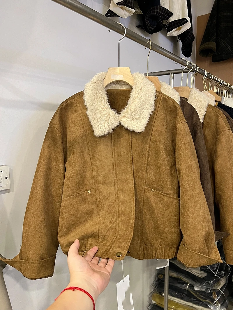 

Утепленная хлопковая повседневная куртка женская с воротником-стойкой, пальто из оленьей кожи с бархатным эффектом, осенне-зимняя новинка, модный топ